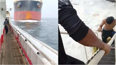 影/海上追撞影片瘋傳!散裝貨輪撞中國漁船 船身傾斜「海水灌入」船員倒一片